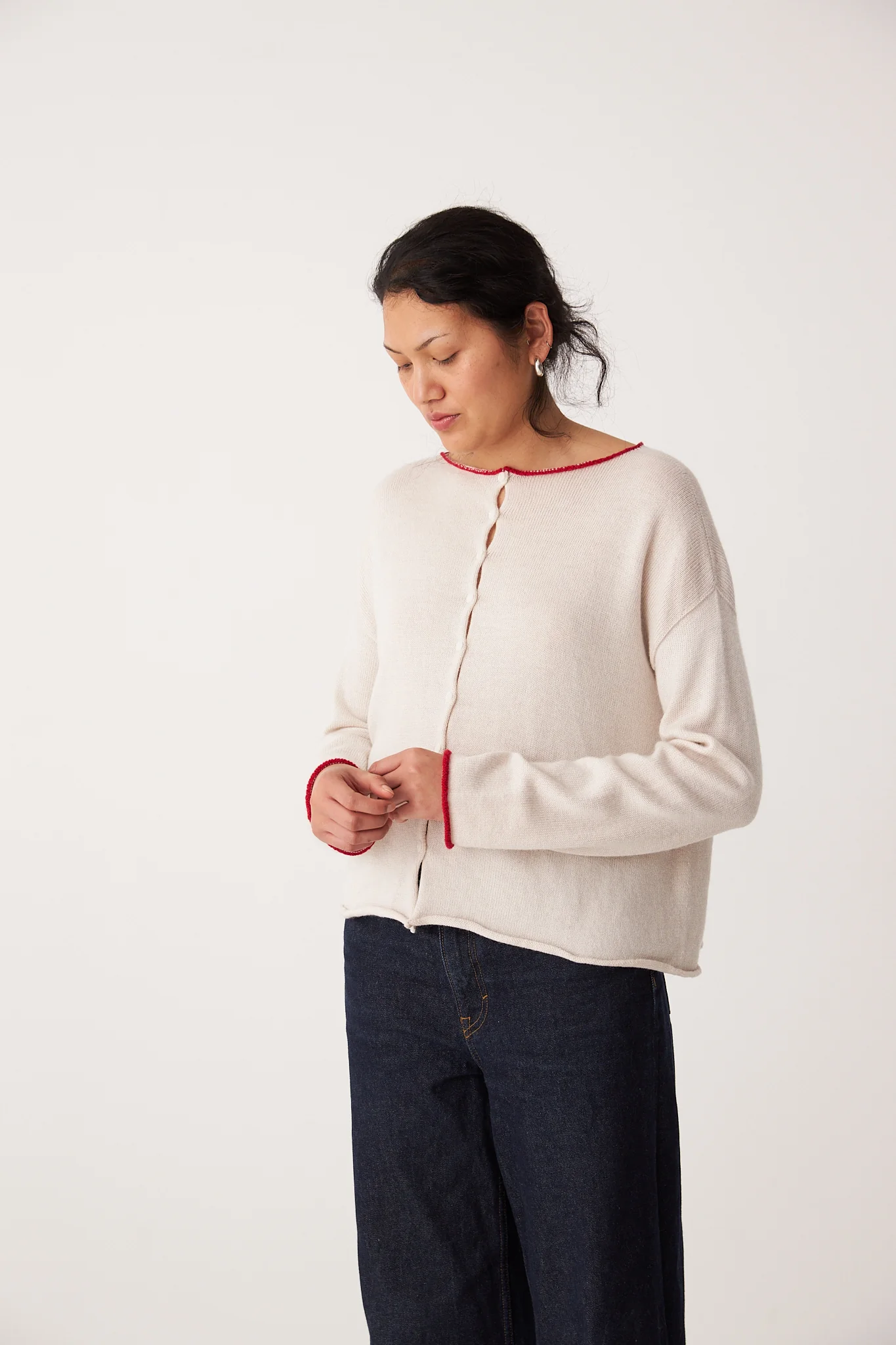 Trimmed Doll's Reversible Cardigan - Ivory & Red - Image 3